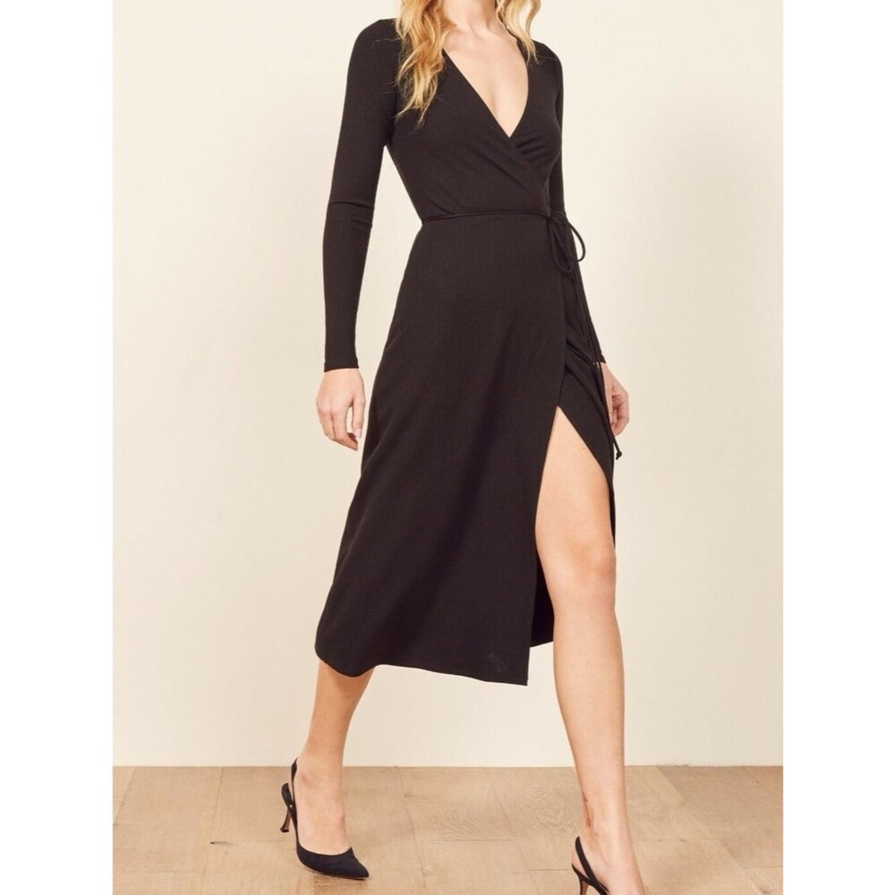 Reformation Celine Ribbed Wrap Dress Navy Blue Long Sleeve XS Sustainable Midi